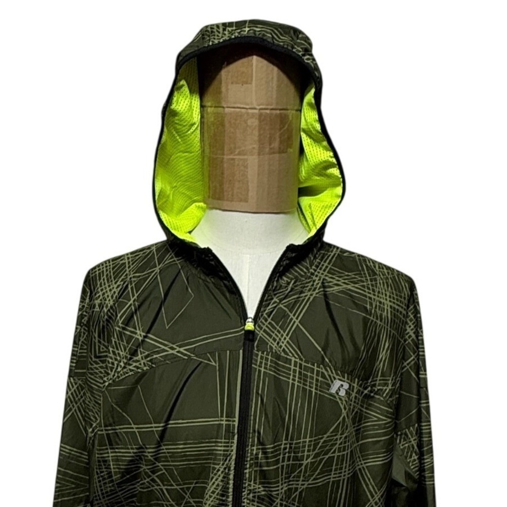 Russell Jacket Mens Large Green Hooded Reflective Full Zip Run Windbreaker Light